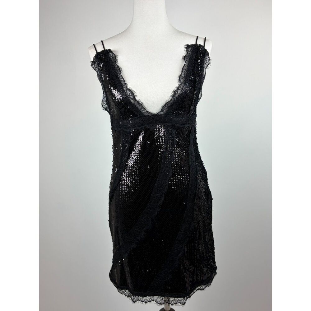 Nasty Gal Black Sequin Lace Trim Babydoll Mini Slip Dress Deep V NWT Size 0/2